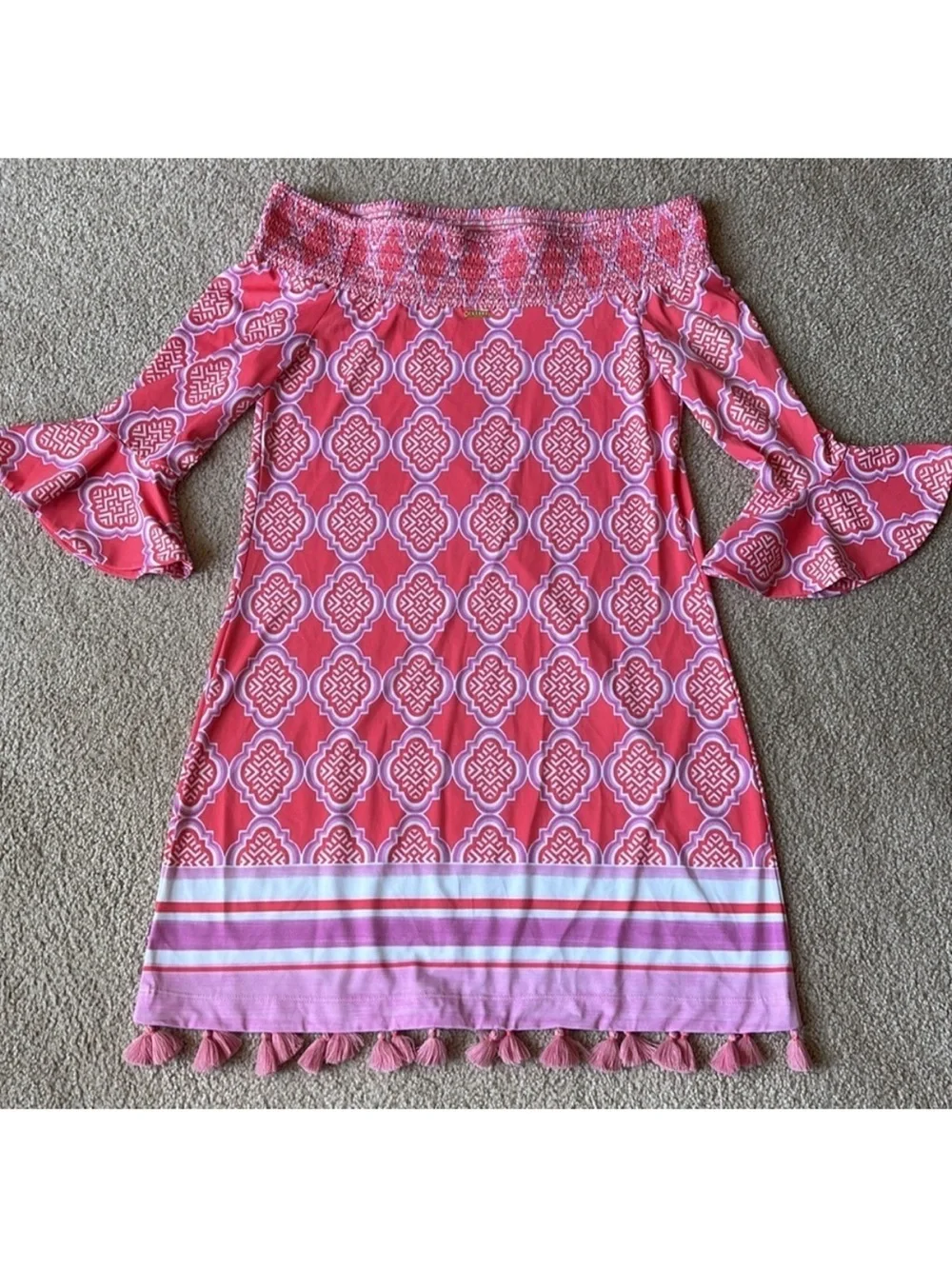 NWT Cabana Life Coral Geo Coverluxe Smocked Off-the-Shoulder Tassel Dress Small